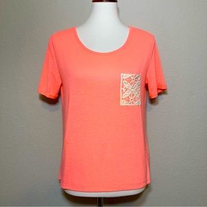 ROCK & ROLL COW GIRL Fluorescent Orange Crochet Back Tee Shirt Top Size Medium